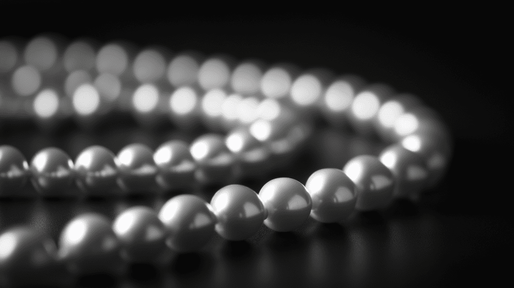 Black and white image showing pearl necklace