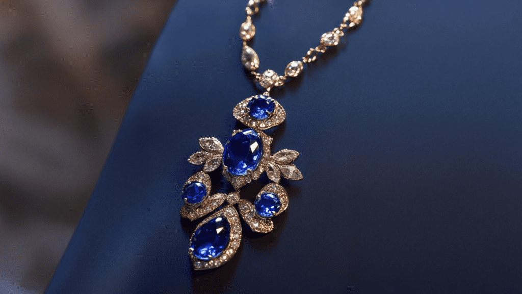 Image showcasing a retro gold and sapphire cocktail necklace from the 1930s and 1940s