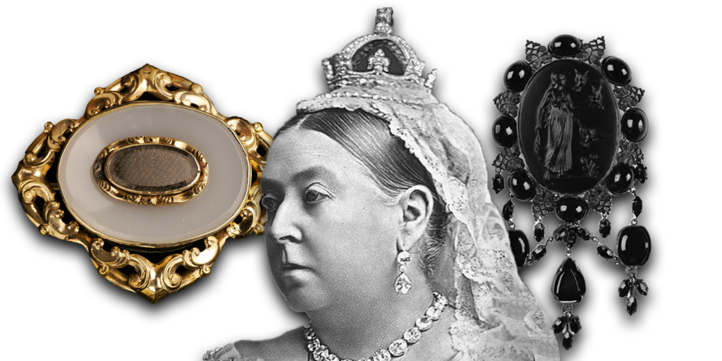 Image showcasing Queen Victoria isolated on white background with 2 pieces of mourning jewelry behind her