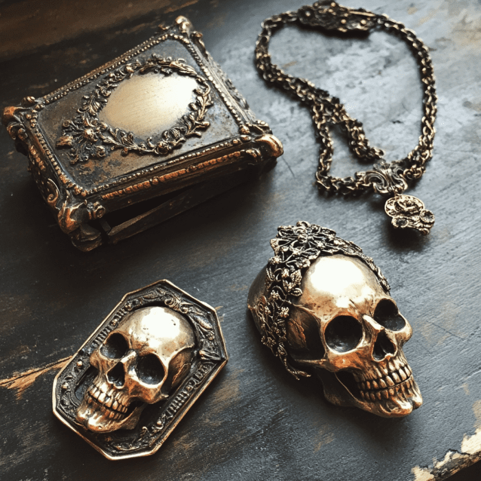 Image showcasing Georgian Era skull mourning jewelry