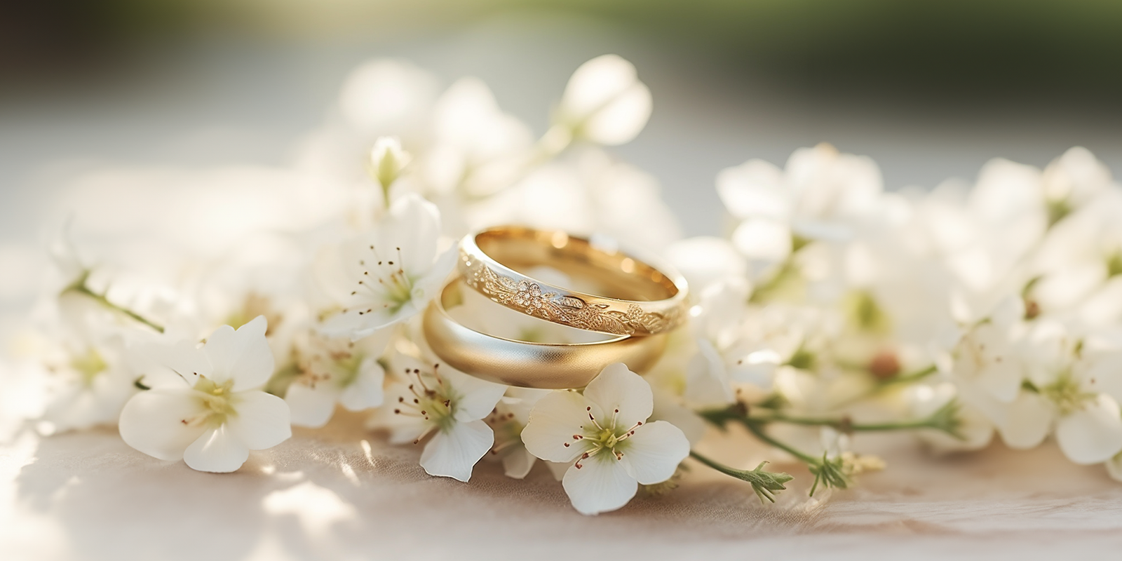 feature image of two gold wedding bands on a bed of white flowers