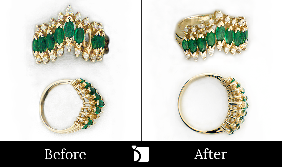 Image showcasing the before and after of a gold ring with emeralds