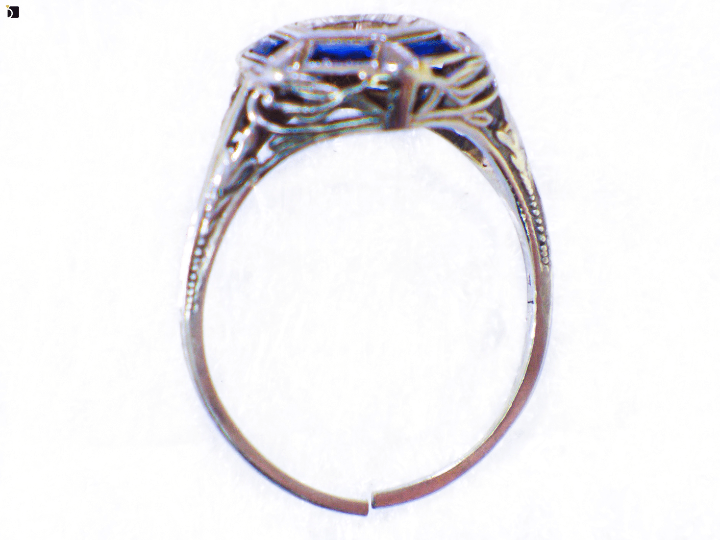 Image showing the Before #123 Flat View of a Ring with Baguette Blue Sapphire and Green Sapphire Gemstone Replacement