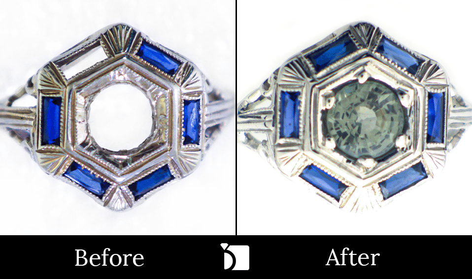 Image showing the Before & After #123 of a Ring with Baguette Blue Sapphire and Green Sapphire Gemstone Replacement