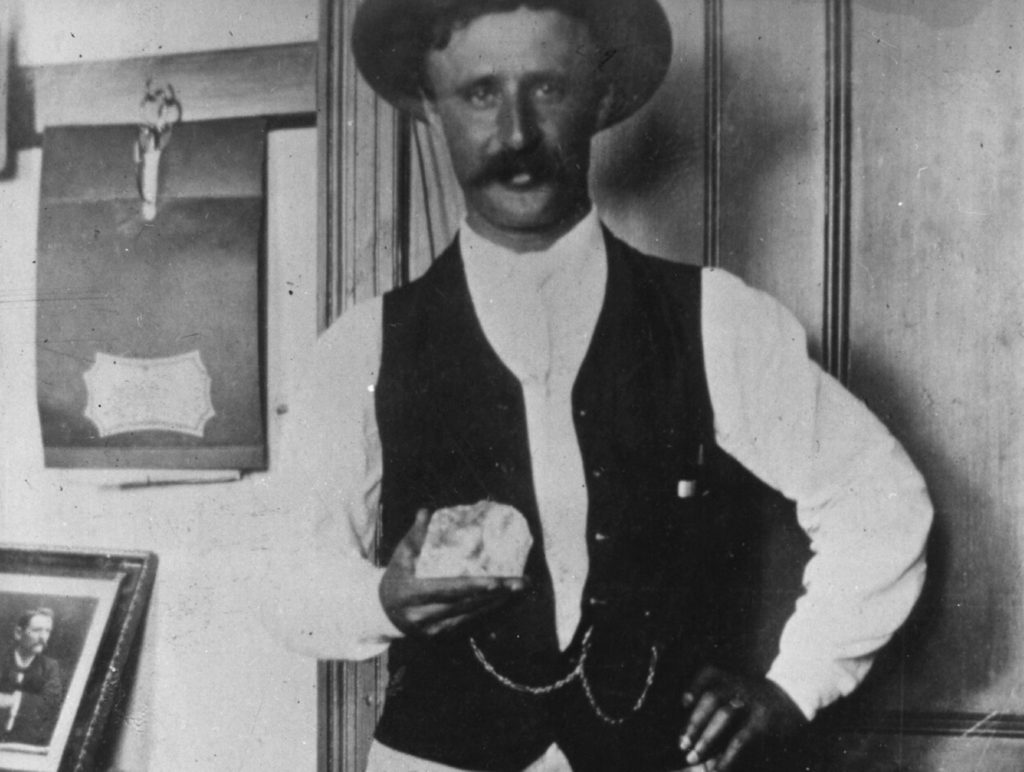 Photo of Frederick Wells holding the Cullinan Diamond mined in South Africa circa 1905