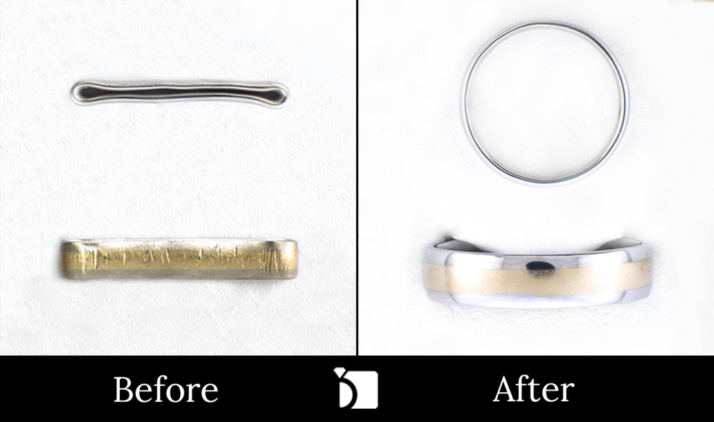 Image Showcasing Before & After #1 of a Flat Silver and Gold Ring Getting Extreme Transformation Through Premier Ring Repair Services by My Jewelry Repair Master Jewelers