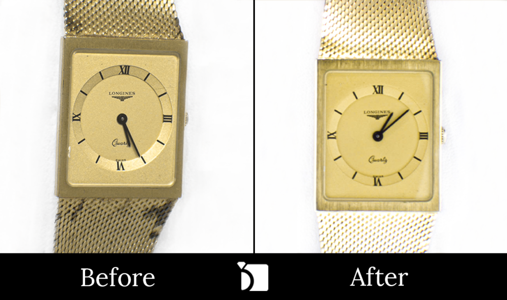 Image Showcasing Before & After #1 of a Gold Longines Watch Timepiece Getting Watch Restoration Through Premier Watch Repair Services by My Jewelry Repair Certified Watchmakers