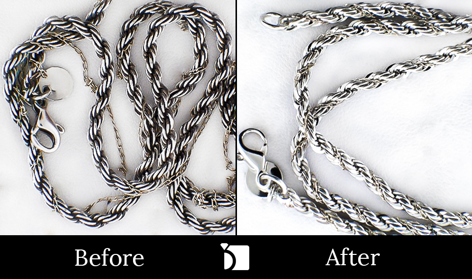 Image Showcasing Before & After #1 of a Two Toned Chain Necklace with Blue Pendant Gemstone Getting Necklace Restoration Through Premier Necklace Repair Services by My Jewelry Repair Master Jewelers and Certified Craftsmen