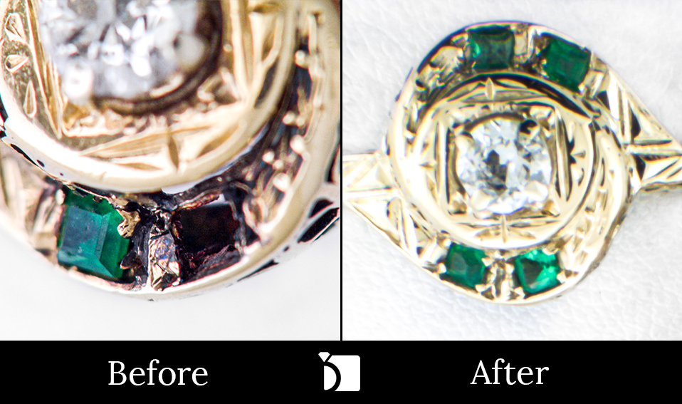 Image Showcasing Before & After #10 of a Gold, Emerald, and Diamond Ring Getting Premier Ring Restoration Services by Master Jewelers
