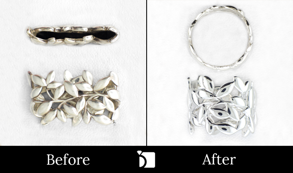 Image Showcasing Before & After #11 of a Silver Floral Designed Ring Getting Extreme Restoration Services by Master Jewelers