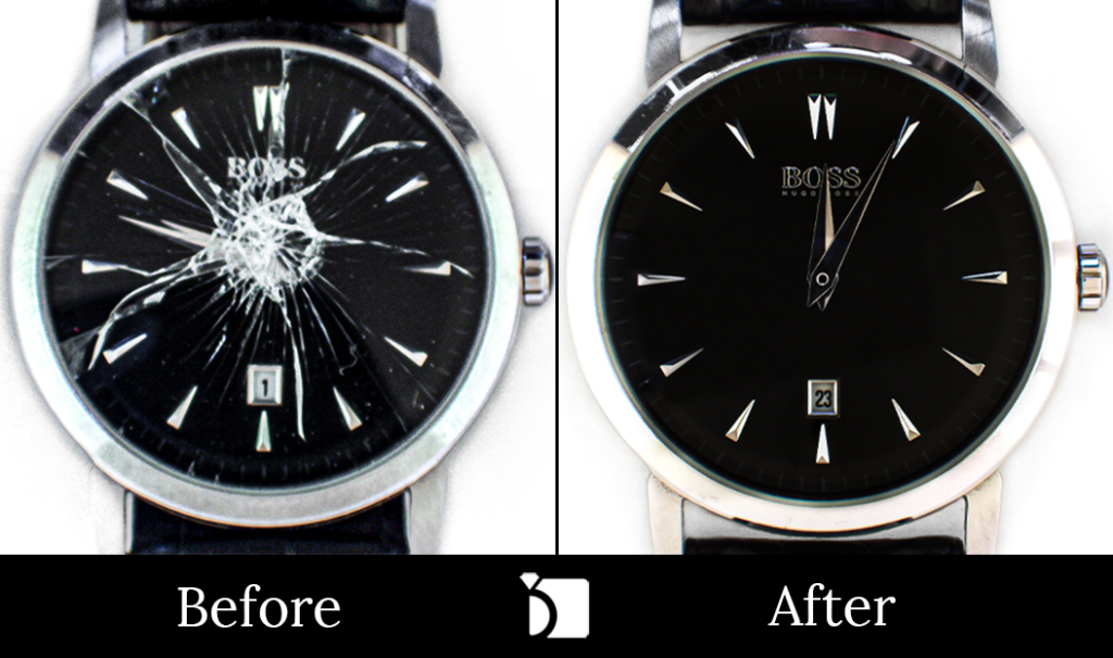 Image Showcasing Before & After #127 of a Hugo Boss Watch Getting a Watch Crystal Replacement by My Jewelry Repair Certified Watchmakers