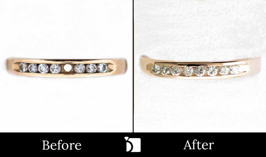 Image Showcasing Before & After #4 of a Gold Ring with Diamond Gemstones Getting Serviced Through Premier Ring Repair Services and Gemstone Replacement by My Jewelry Repair Master Jewelers