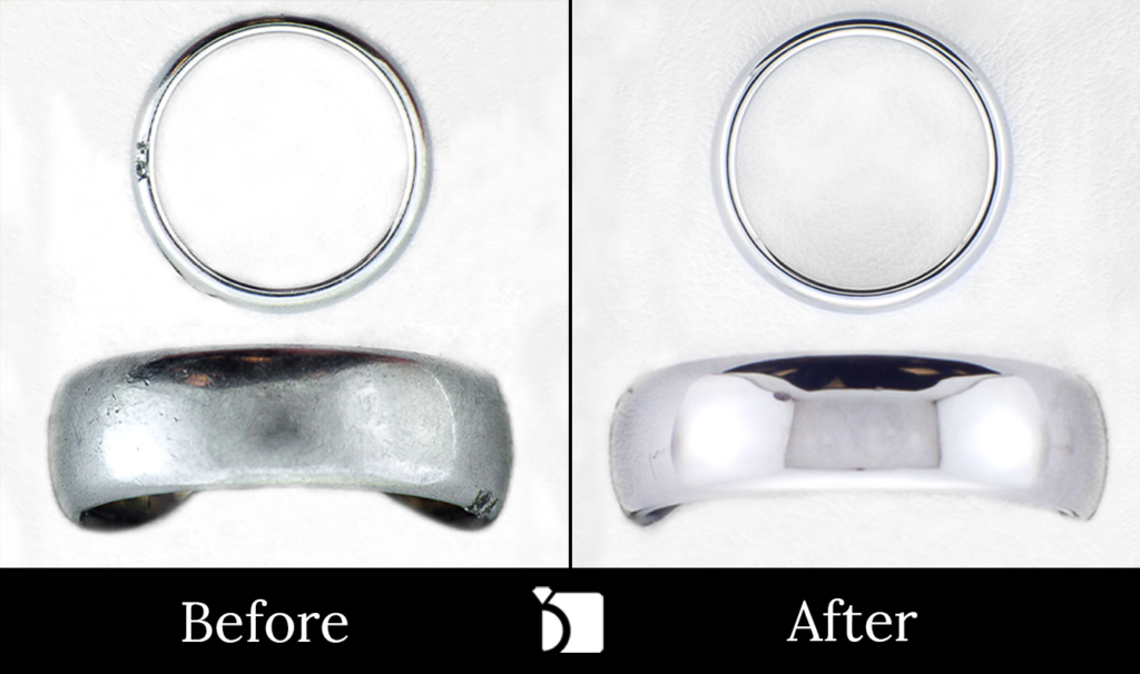 Image Showcasing Before & After #5 of a Platinum Ring with Diamond Gemstones Getting Serviced Through Premier Ring Repair Services and Ring Sizing by My Jewelry Repair Master Jewelers