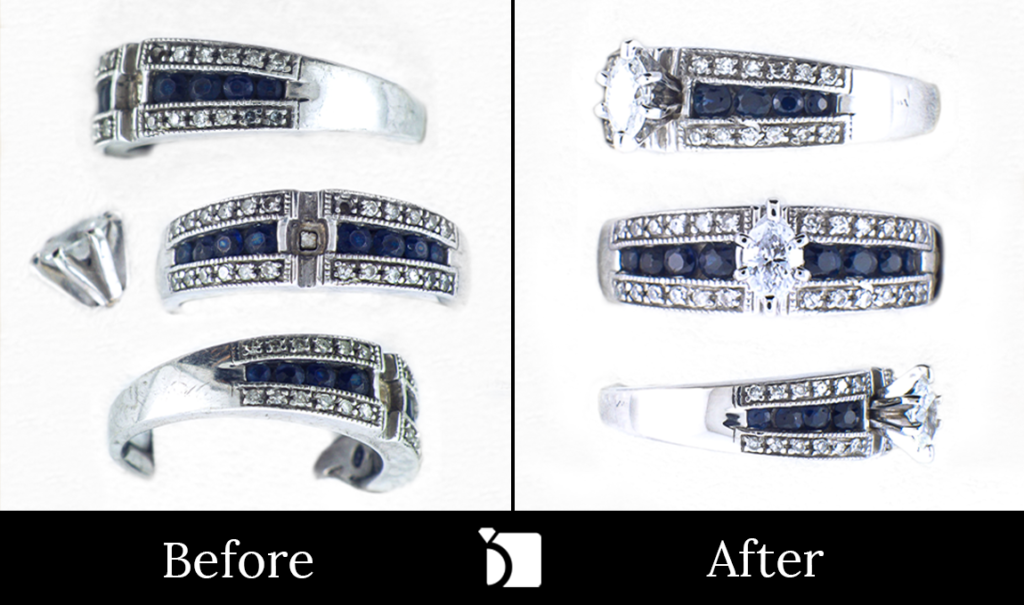 Image Showing Before & After #8 of Sapphire and Diamond Ring Getting Premier Gemstone Replacement Services by Master Jewelers