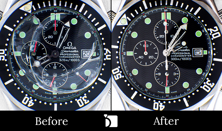 Image Showcasing Before & After #9 of an Omega Seamaster Watch Timepiece Getting Watch Crystal Replacement Services by Certified Watchmakers