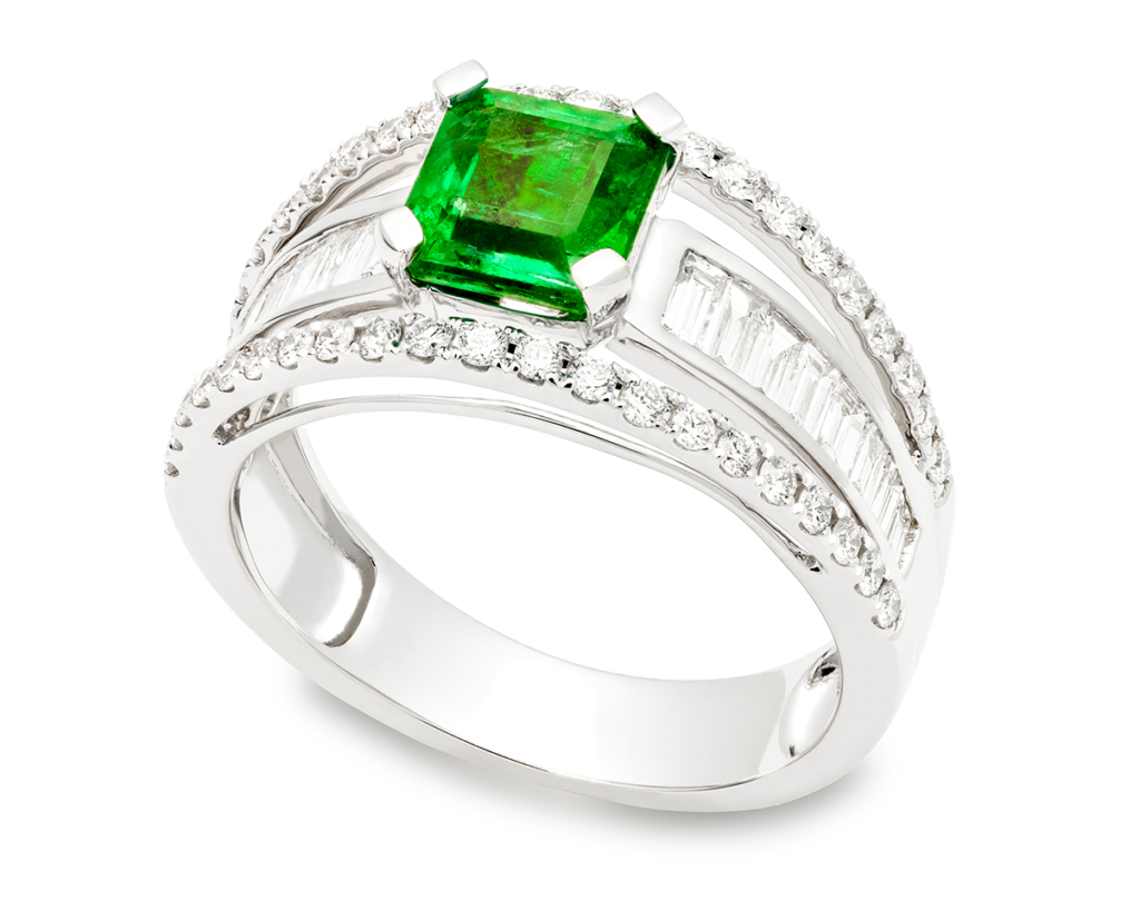 Image Showcasing Silver Diamond Band Ring with Emerald Birthstone Center Stone