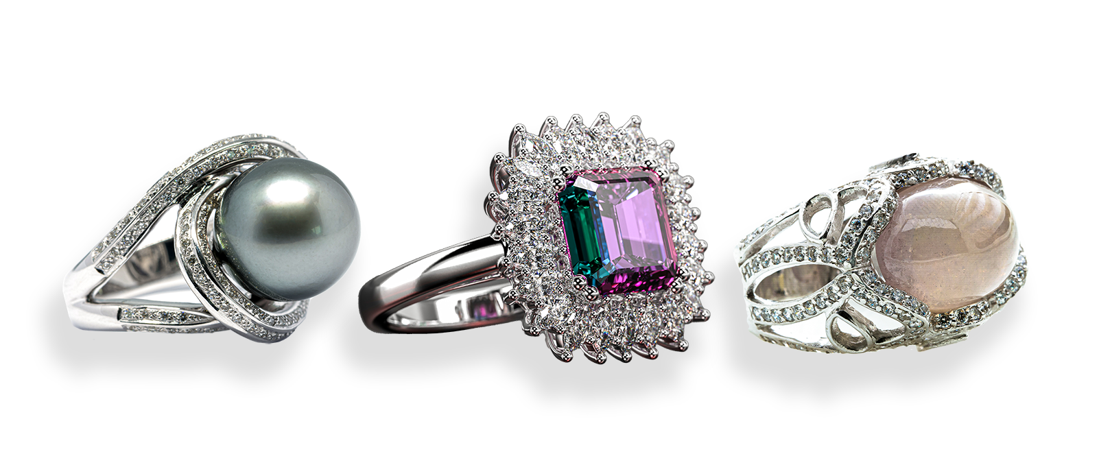 Image Showcasing June Birthstone Pearl Alexandrite Moonstone Gemstone Rings