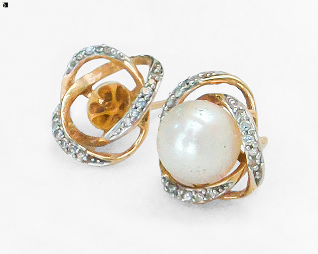 Image Showcasing Side Before #129 of Diamond and Pearl Stud Earrings Needing Restoration Services