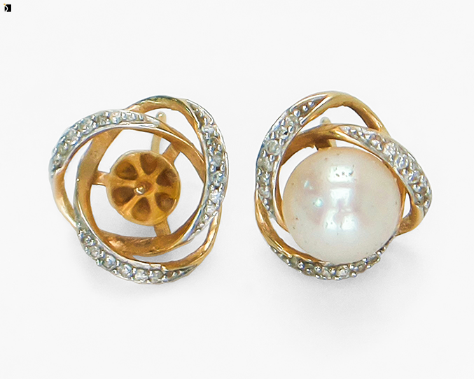 Image Showcasing Before #129 Front View of Pearl Stud Earrings Needing Pearl Gemstone Replacement and Resetting