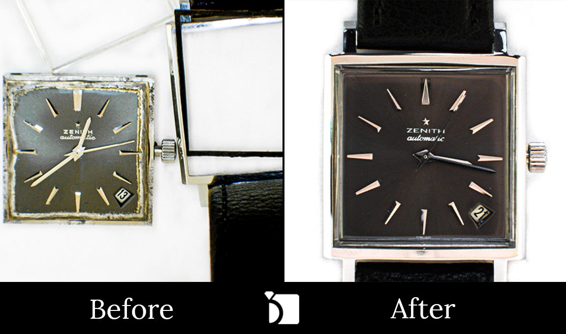 Repair Before & After #130 of a Vintage Zenith Automatic Watch Restoration with Dial Refinishing and Premier Watch Repair Services