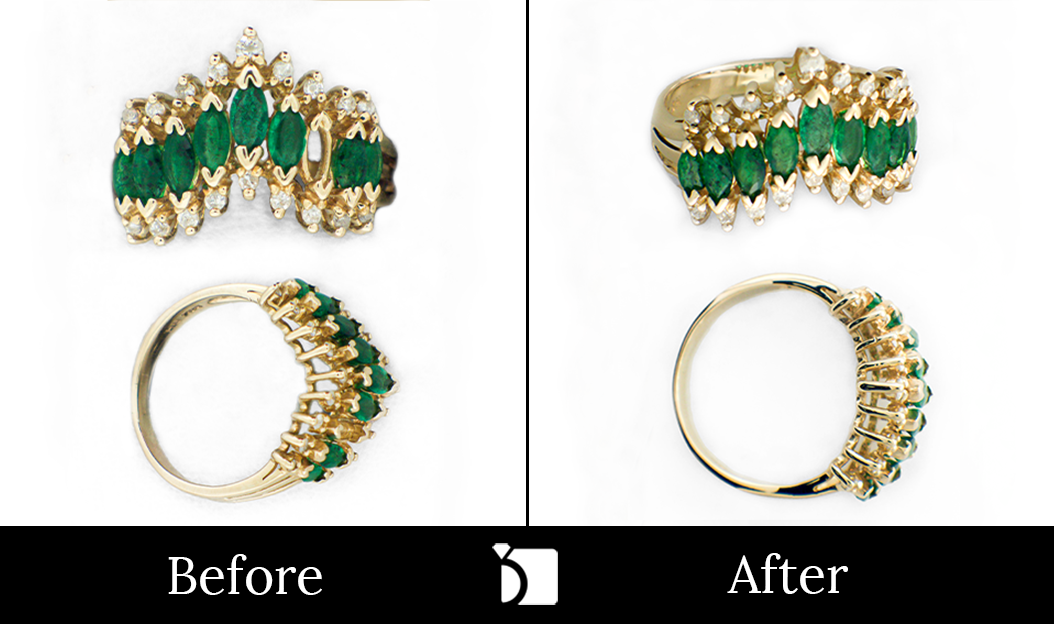 Before & After #121 of a unqiue Emerald and Diamond Gold Ring Requiring Gemstone Replacement