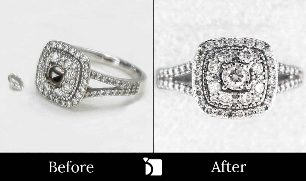 Before & After #132 of a Multi-Layer Square Halo Diamond Enagement Ring Receiving Premier Diamond Resetting Services