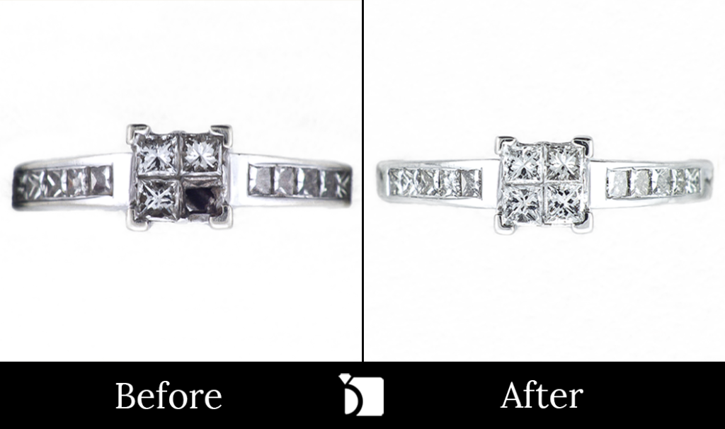 Before & After #72 Invisible Set Diamond Ring Receiving a Gemstone Replacement and Invisible Setting