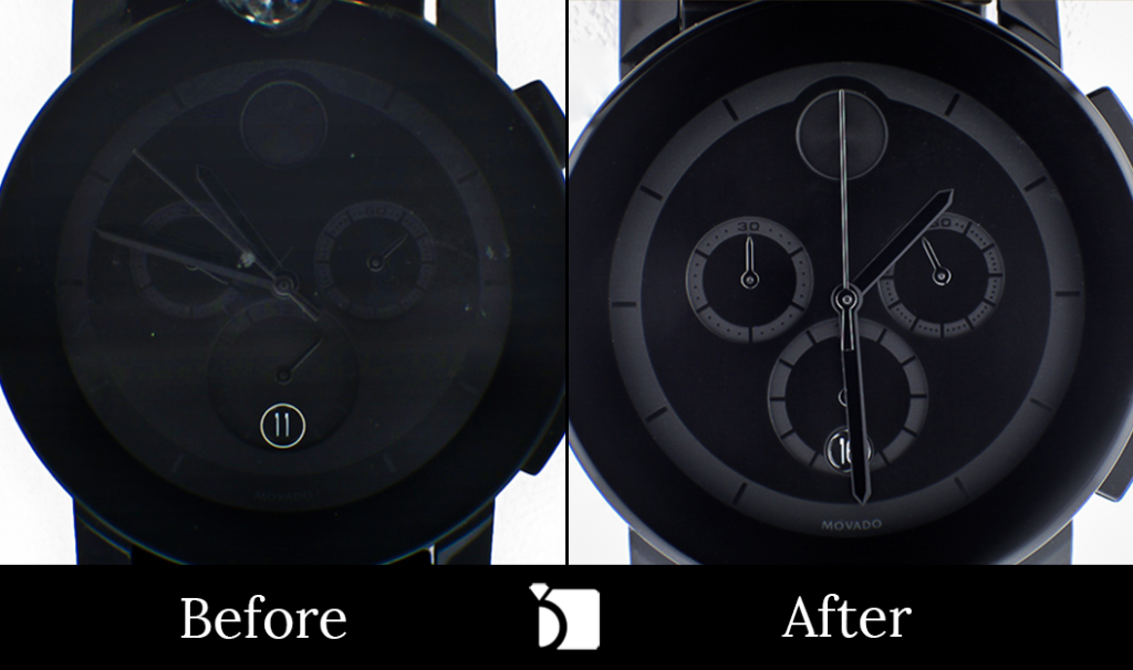 Before & After #85 Movado Watch with Chipped Crystal Receiving Premier Crystal Replacement Services