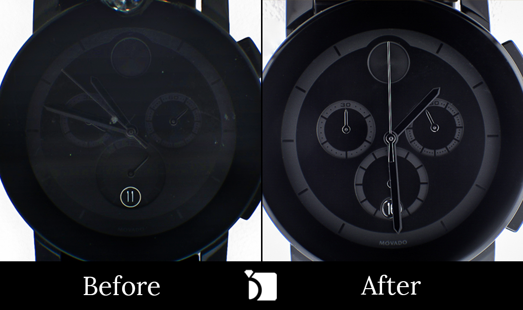 Before & After #85 Movado Watch with Chipped Crystal Receiving Premier Crystal Replacement Services