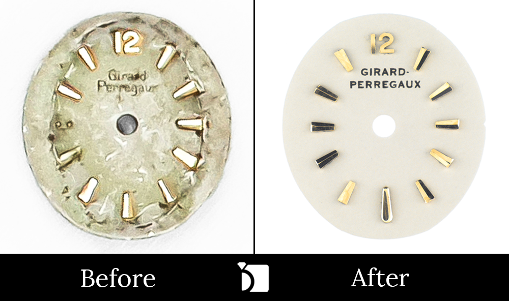 Before & After #134 of a Girard-Perregaux Watch Dial Restored and Serviced