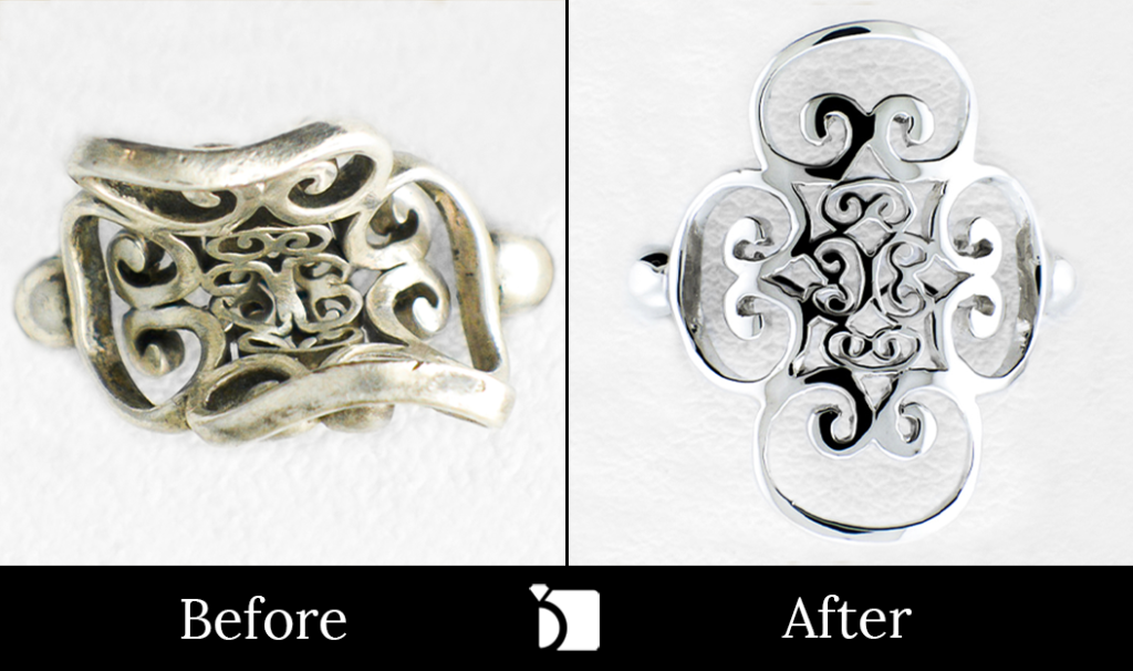 Before & After #48 Badly Misshapen Sterling Silver Ring Receiving Premier Ring Restoration Services