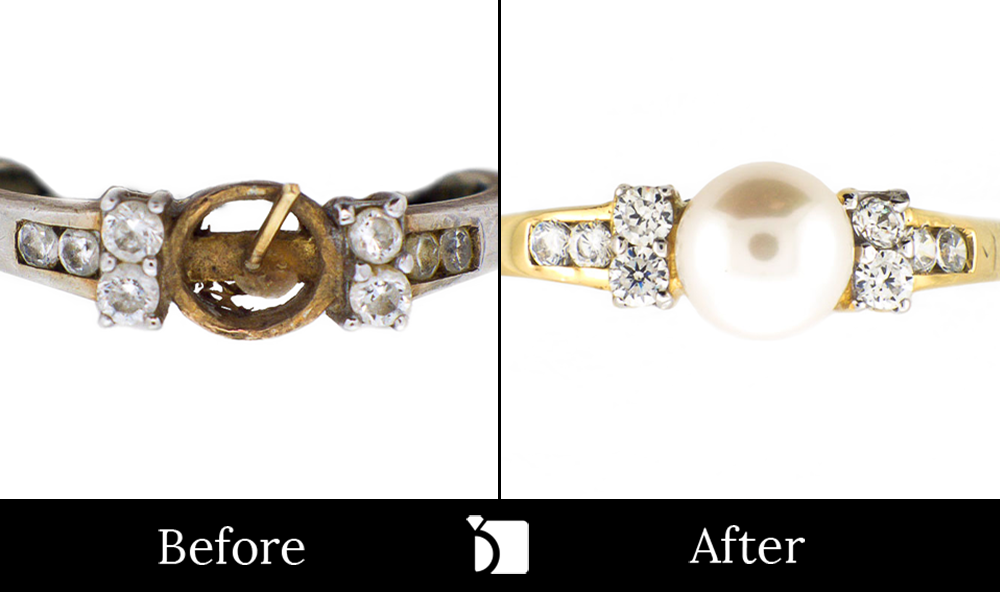 Image showing the Before & After #52 of a Pearl Ring Being Restored Through Pearl Gemstone Replacement and Premier Ring Services