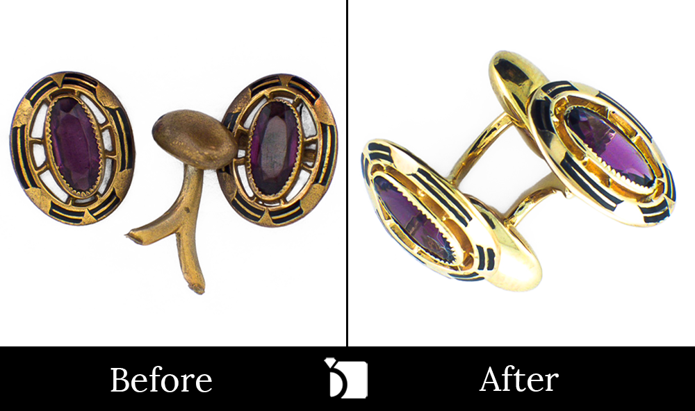 Before & After #53 Gold Cufflinks with Purple Gemstones Receiving Premier Jewelry Repair Services