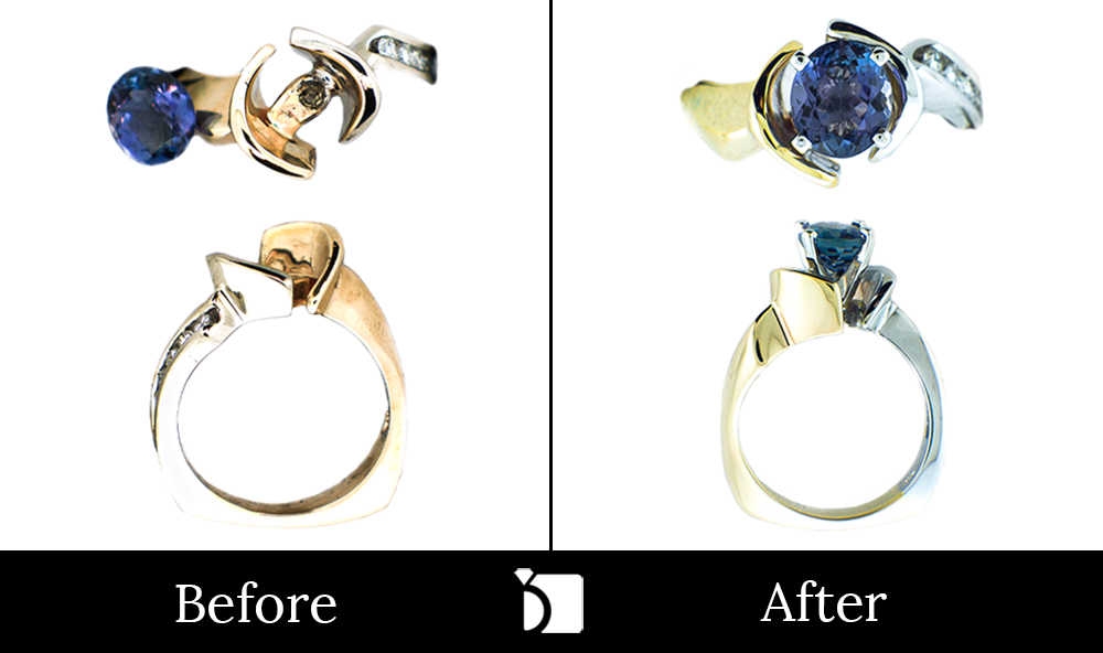 Before & After #64 14k White Gold & Yellow Gold Ring Receiving Head Replaceent and Gemstone Resetting Services
