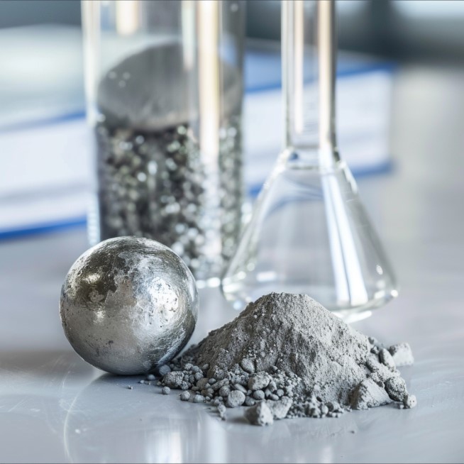 Image showcasing rhodium powder next to ball of rhodium on science lab desk