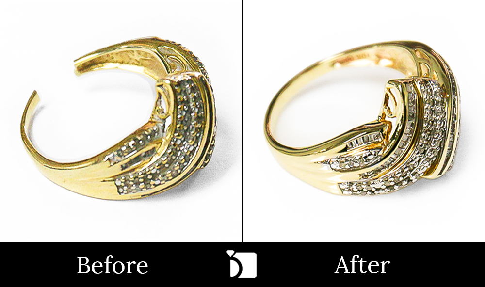 Before & After #101 10k Gold Ring with Channel and Prong Set Diamond and Broken Shank Receiving Ring Restoration