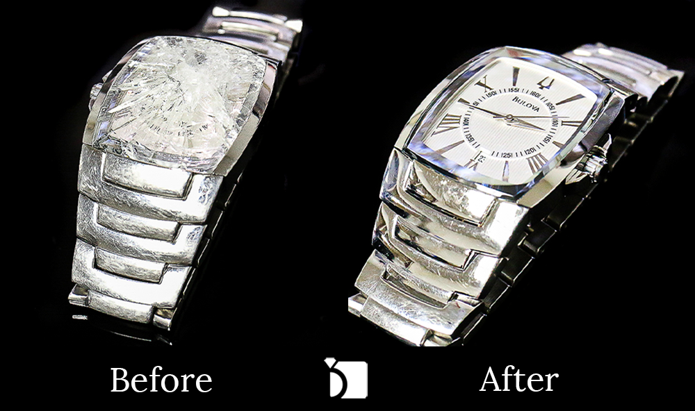 Before & After #104 Bulova Timepiece with Shattered Crystal Receiving Premier Crystal and Movement Servicing Services