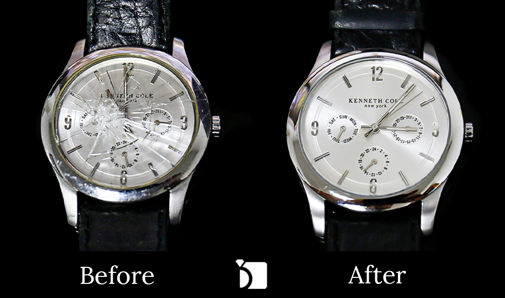 Before & After #105 Kenneth Cole Timepiece with a Shattered Crystal Restored by Premier Watch Repair Services