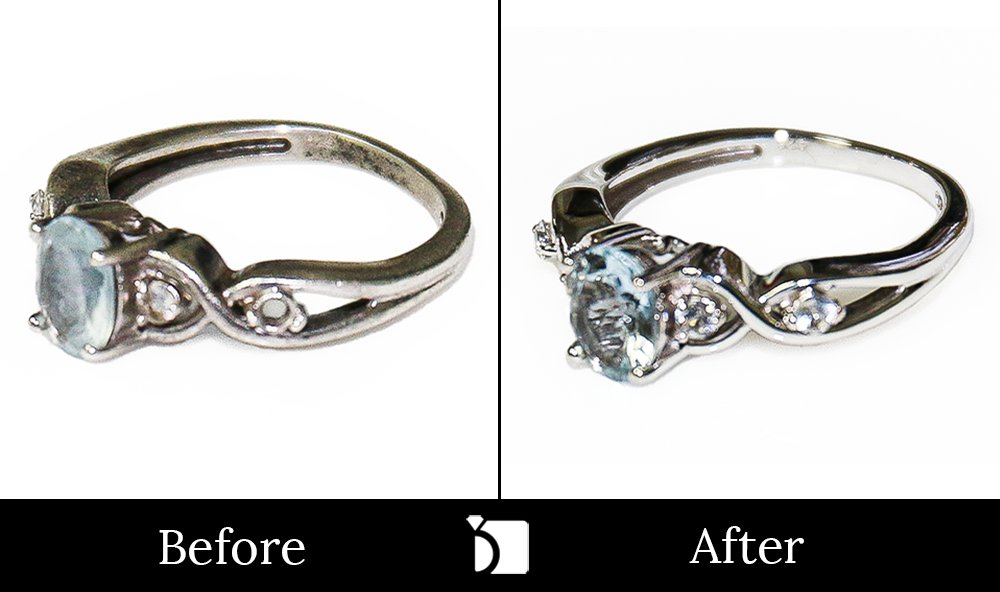 Before & After #106 Tarnished Silver Ring with Hazy Aquamarine Center Stone Restored by Master Jewelers