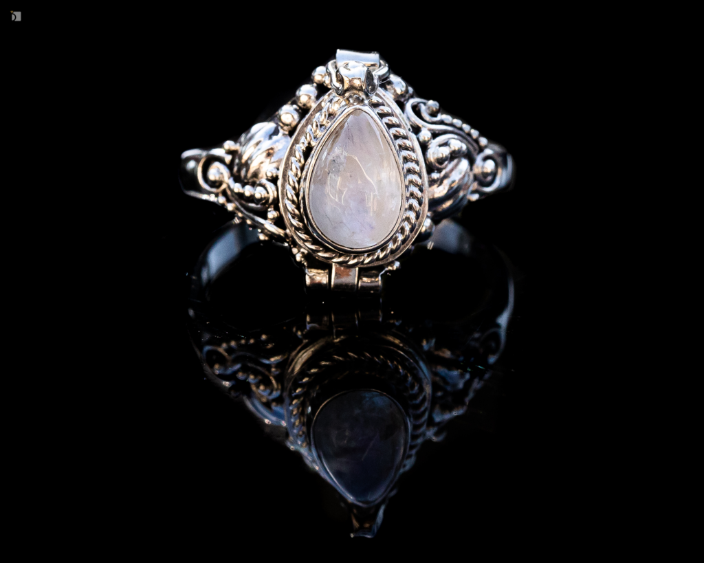 Restored Moonstone Sterling Silver Poison Black Widow Vintage Ring Front View Closed
