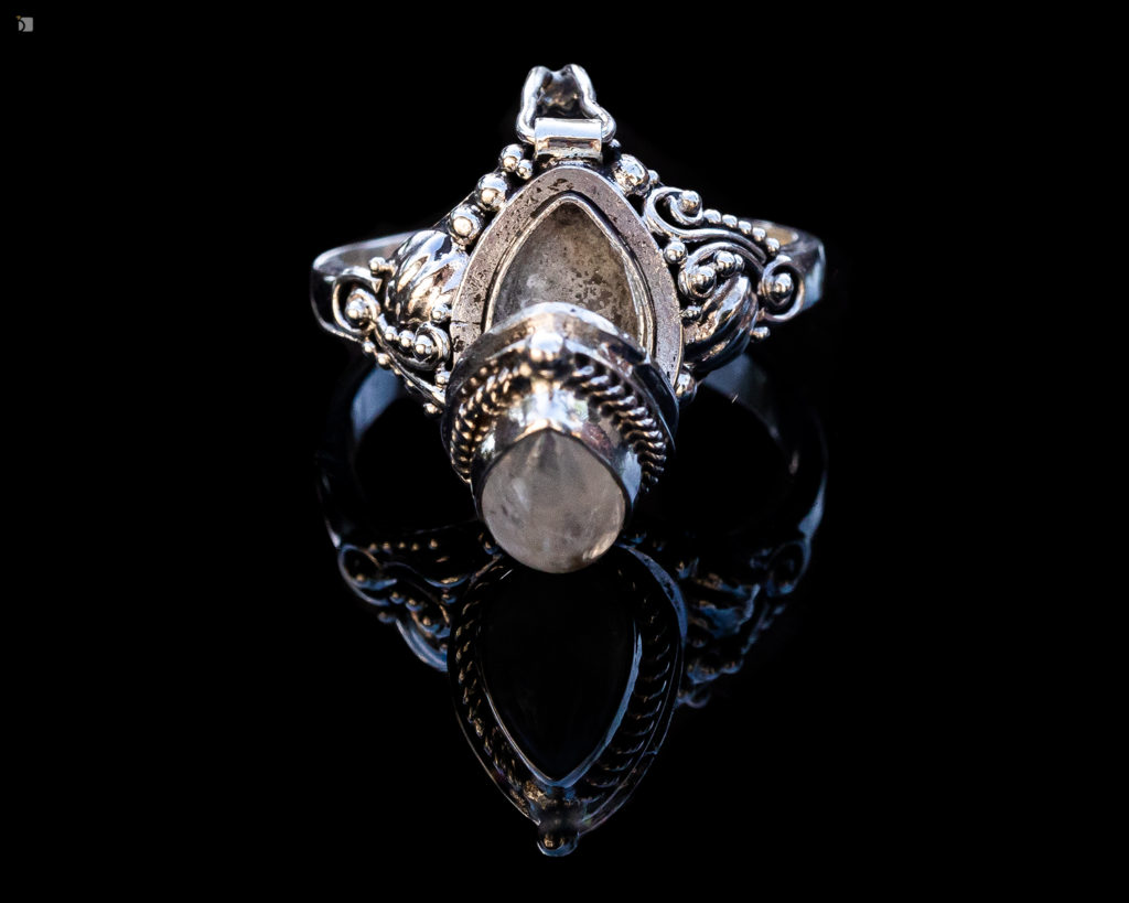 Restored Moonstone Sterling Silver Poison Black Widow Vintage Ring Front View Open