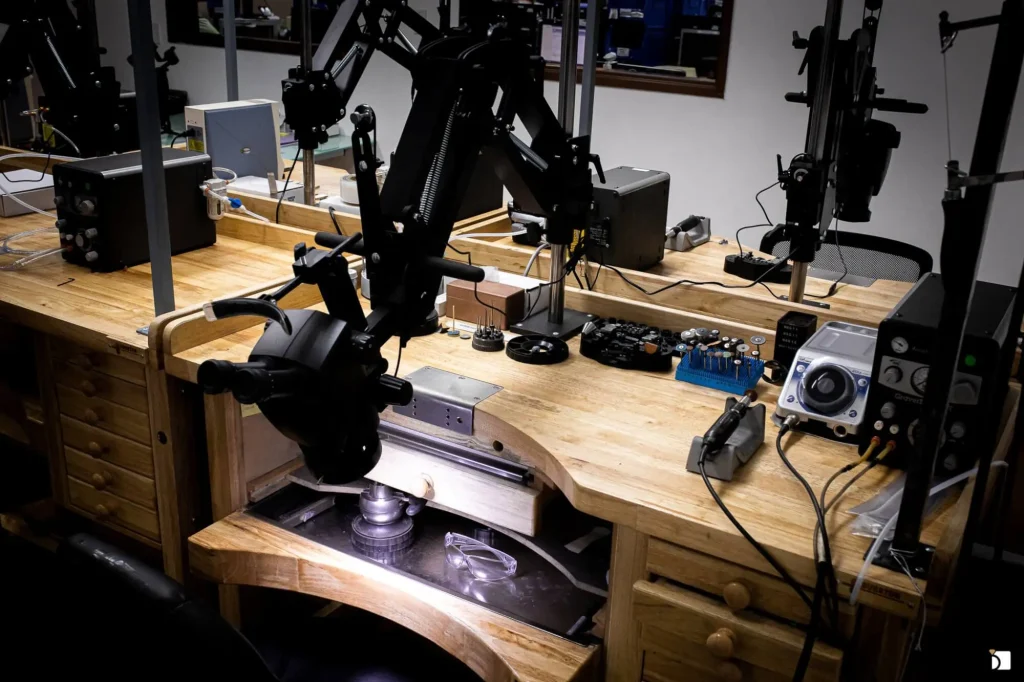 Image showcasing My Jewelry Repair's setting lab with microscopes and desk
