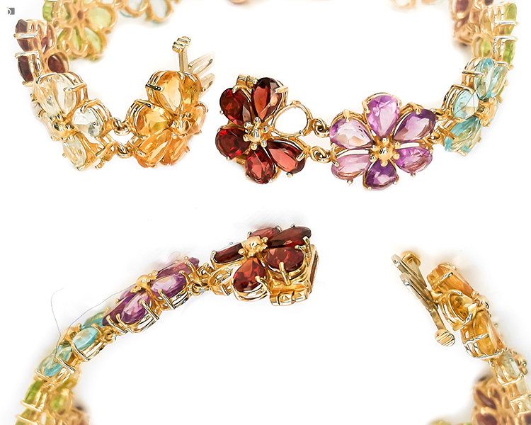 Before #136 Multi-Colored Gemstone Flower Bracelet Prior to Master Jewelers Work on White Background