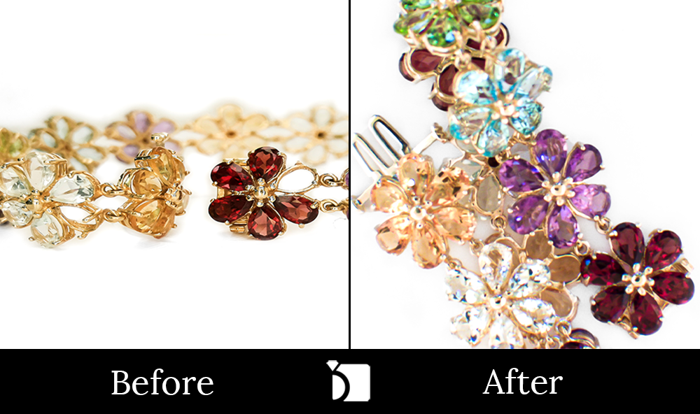 Before & After #136 Multi-Colored Gemstone Flower Gold Bracelet Restored by My Jewelry Repair on White Background