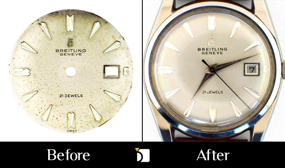 Before & After #142 Breitling Geneve Model #359557 Timepiece Restored by Premier Dial Refinishing Services