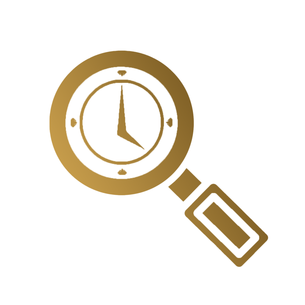 Gold icon of magnifying glass on watch
