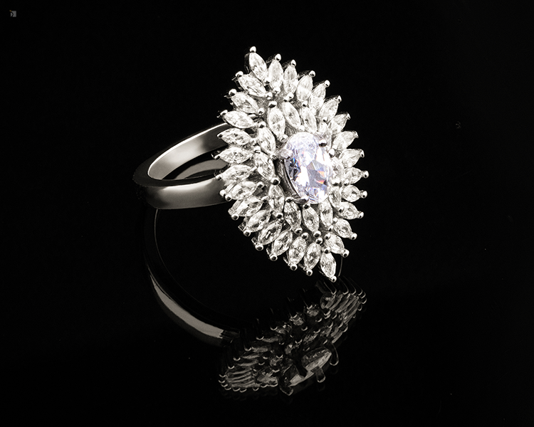 Restored Fine Jewelry Diamond Gemstone Ring Unique Design Reflected Onto Black Background