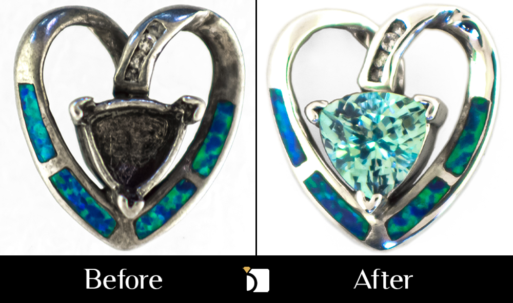 Before & After #145 Heart-Shaped Necklace Pendant Restored by Premier Gemstone Replacement Services