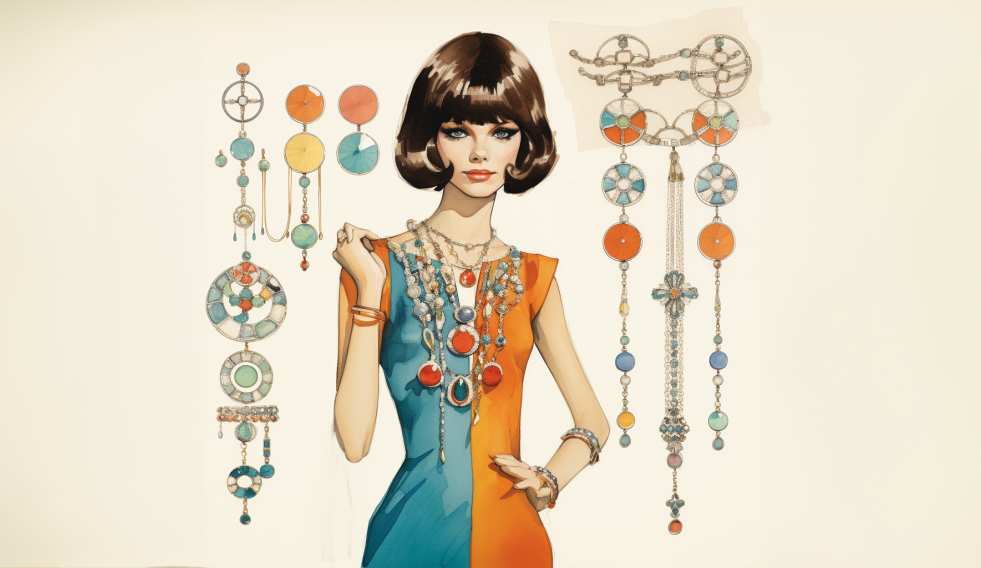 Illustration of 1960s fashion sketch with woman wearing orange and blue split dress with match bangles and necklace.