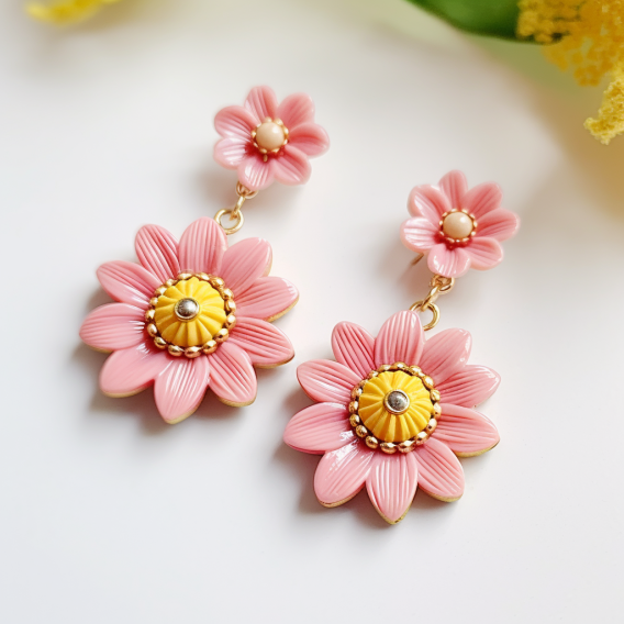Image showcasing a pair of pink flower drop earrings with yellow center on white surface.
